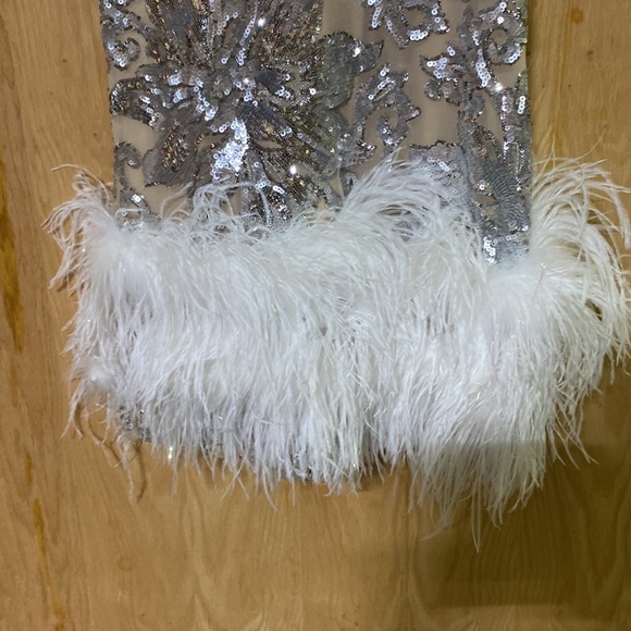 Who doesn’t need some feathers in their life? Beautiful silver cream formal - Picture 8 of 11